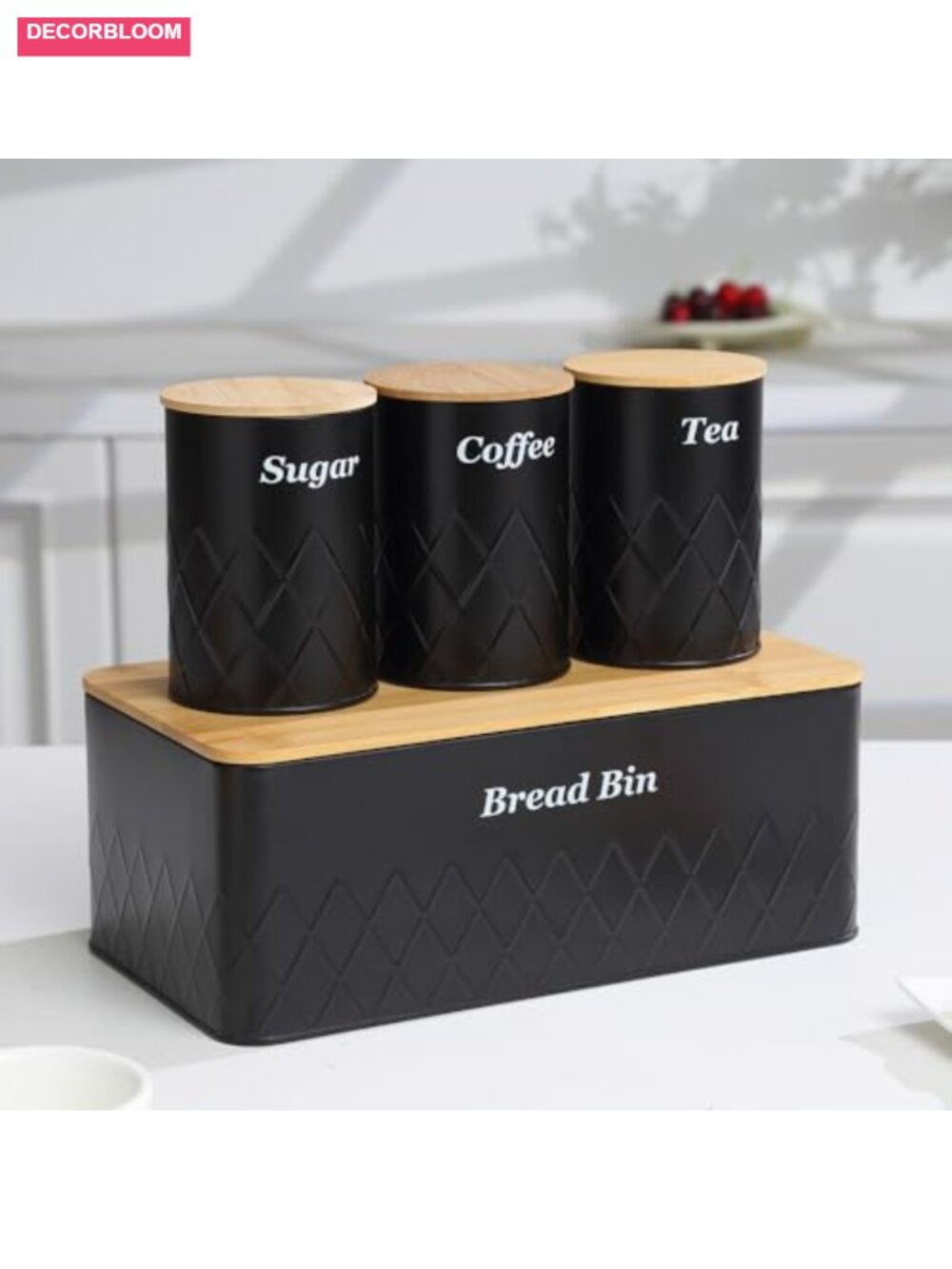 Bread Box with Cutting Board, Coffee Tea Sugar Canisters for Kitchen Storage